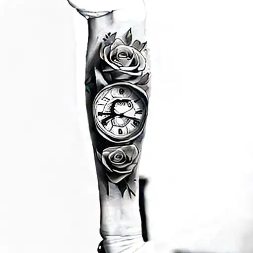 a clock and roses tattoo design idea
