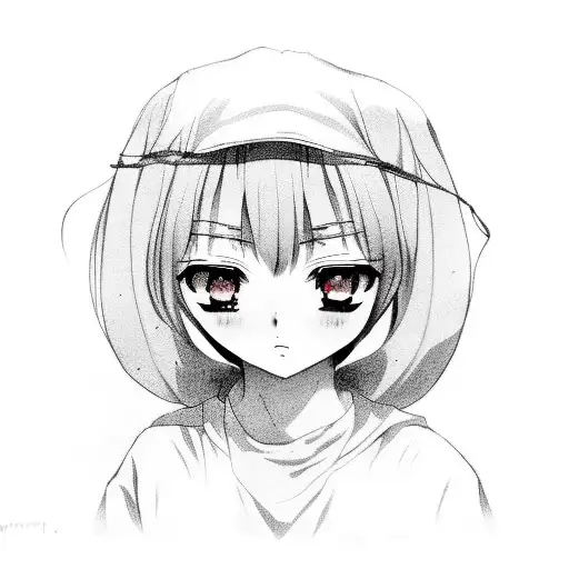 Sad anime girl with a dead look and a dripping red tear tattoo design idea