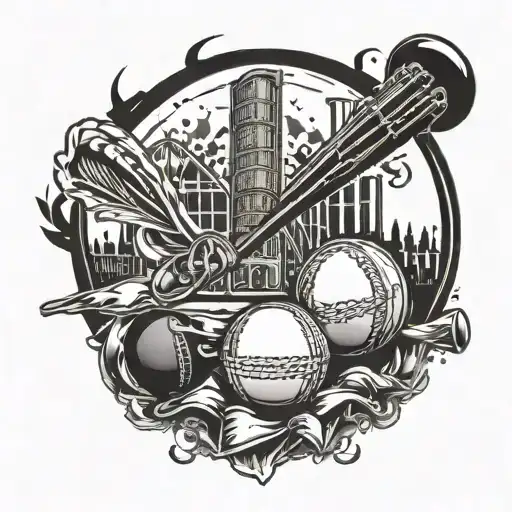 A tattoo design combining elements of cricket and football, with a music theme intertwined in the background tattoo design idea