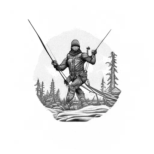 A detailed illustration of a hunter in camouflage, aiming a bow and arrow towards a target in the woods tattoo design idea
