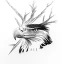 A majestic Bald Eagle perched on a tree branch overlooking a serene mountain landscape tattoo design idea