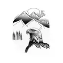A majestic Bald Eagle perched on a tree branch overlooking a serene mountain landscape tattoo design idea