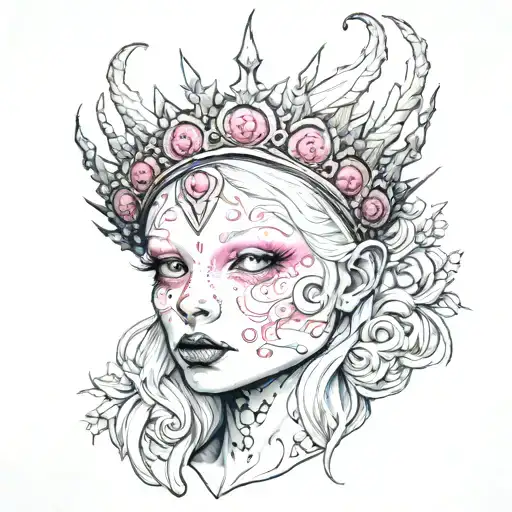 albino girl with pink eyes wearing a crown tattoo design idea
