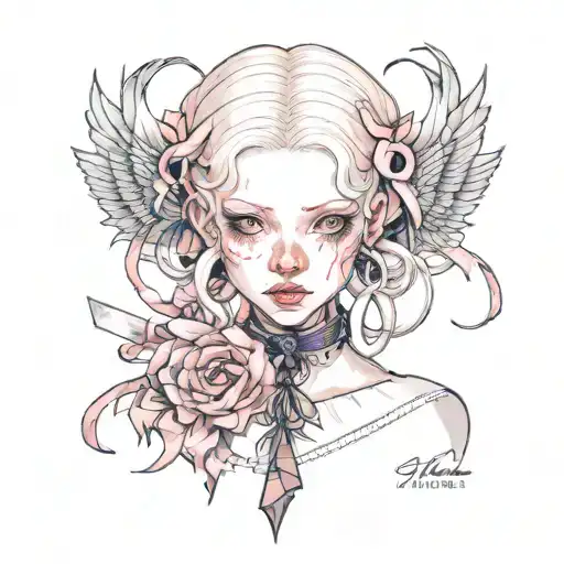 albino girl with pink eyes in clothes with ribbons tattoo design idea