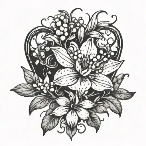 A heart-shaped bluebonnet flower intertwined with a lily of the valley flower tattoo design idea