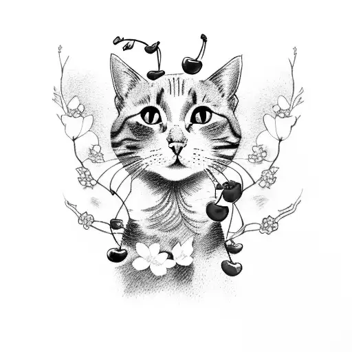 cat with cherry blossom, black and white, red details tattoo design idea