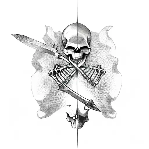 skeleton hand holding a dagger, raven sitting ontop of the hand tattoo design idea