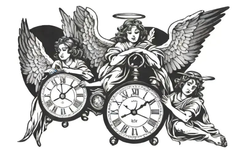 three angels stopping time clock tattoo design idea