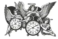 three angels stopping time clock tattoo design idea