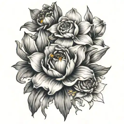 daffodil, rose, water lily, poppy, chrysathemum boquet tattoo design idea