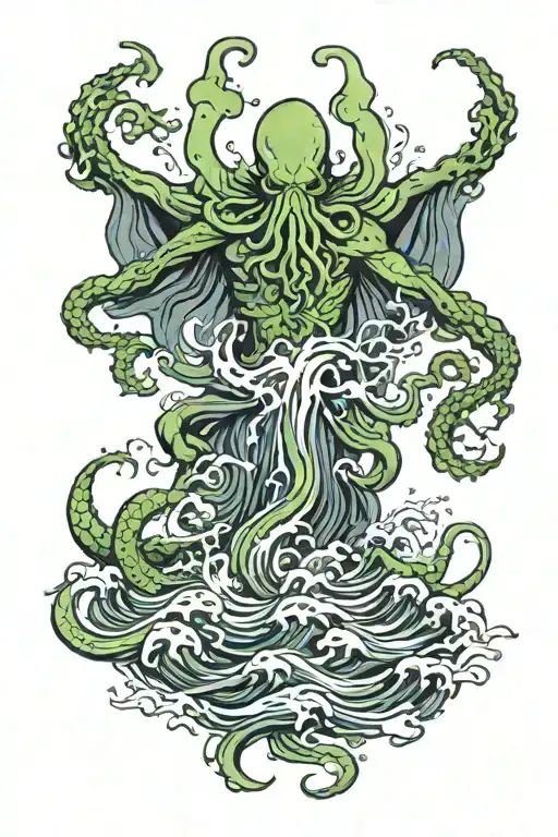 cthulhu rising from the sea, water, storm, full body cthulhu,  tattoo design idea