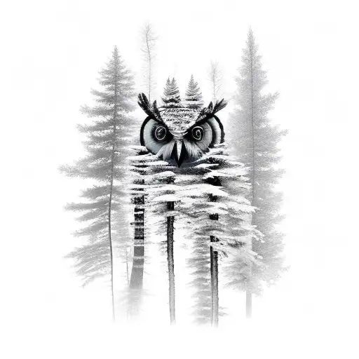 canadian larch tree with LSD molecule and owl created from the branches tattoo design idea