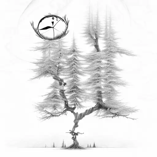 canadian larch tree with LSD molecule and owl created from the branches and a bicycle leaning against the tree trunk  tattoo design idea