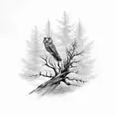 canadian larch tree with LSD molecule and owl created from the branches and a bicycle leaning against the tree trunk  tattoo design idea