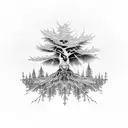 canadian larch tree with LSD molecule and owl created from the branches and a bicycle leaning against the tree trunk  tattoo design idea