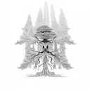 canadian larch tree with LSD molecule and owl created from the branches and a bicycle leaning against the tree trunk  tattoo design idea