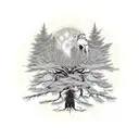 canadian larch tree with LSD molecule and owl created from the branches and a bicycle leaning against the tree trunk  tattoo design idea