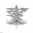canadian larch tree with LSD molecule and owl created from the branches and a bicycle leaning against the tree trunk  tattoo design idea