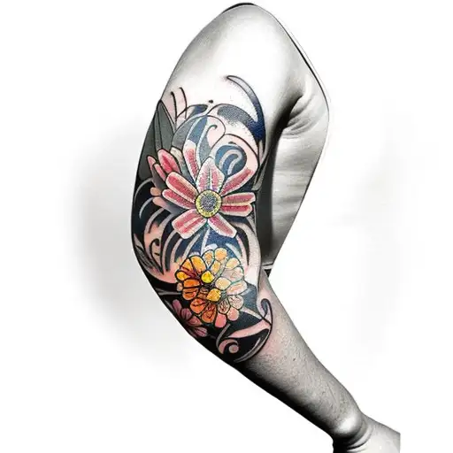 floral arm sleeve Australian native tattoo design idea