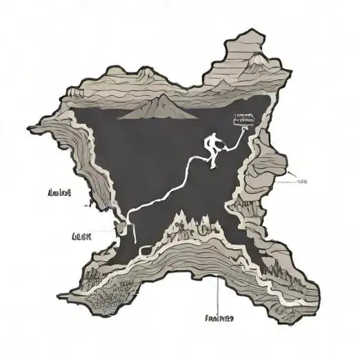 A detailed map of the Lake District with a trail runner running across it tattoo design idea