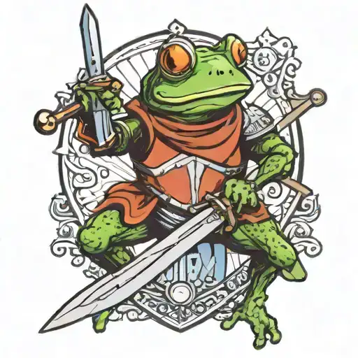 frog wearing knights armor holdi g sword and shield tattoo design idea