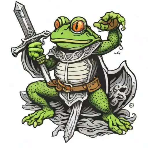 frog wearing knights armor holding sword and shield tattoo design idea