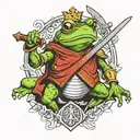 frog wearing knights armor holdi g sword and shield tattoo design idea