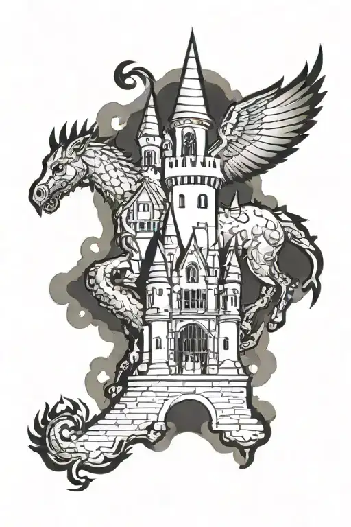 victorian gothic themed castle with a knight hunter tattoo design idea