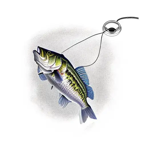 largemouth bass with Luer in its mouth with fishing line spelling out the name, Coleton tattoo design idea