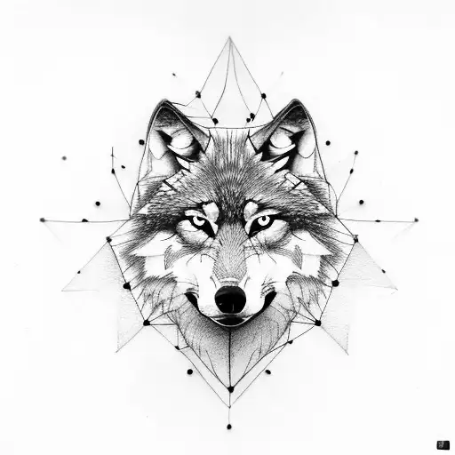 wolf with half geometric and half realism and eyes blue tattoo design idea
