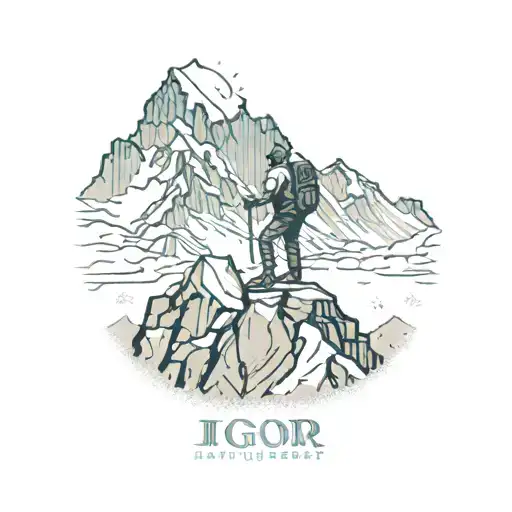 Tattoo of a mountaineer trekking with an ice axe on the background of the summit of Mount Everest with the text Igor is  tattoo design idea