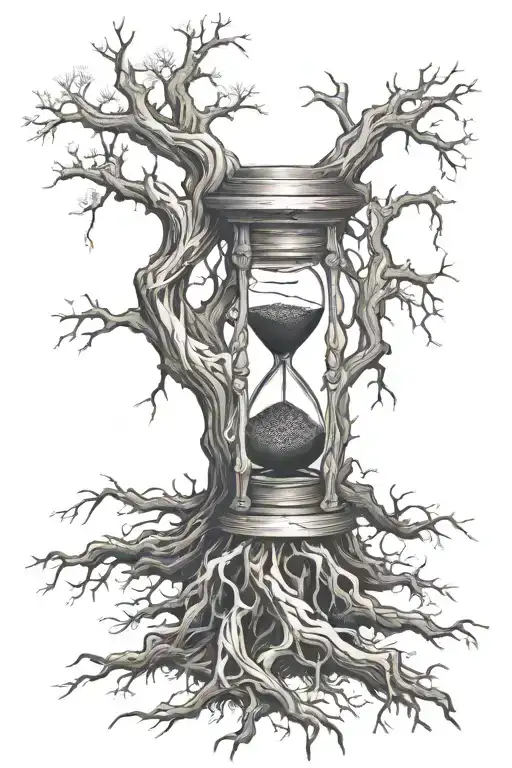 dead oak tree with broken hourglass with roots growning through in the cleltic style tattoo design idea