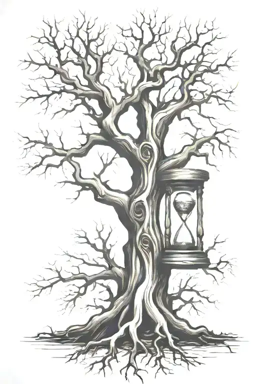 dead oak tree with a broken hourglass in roots tattoo design idea