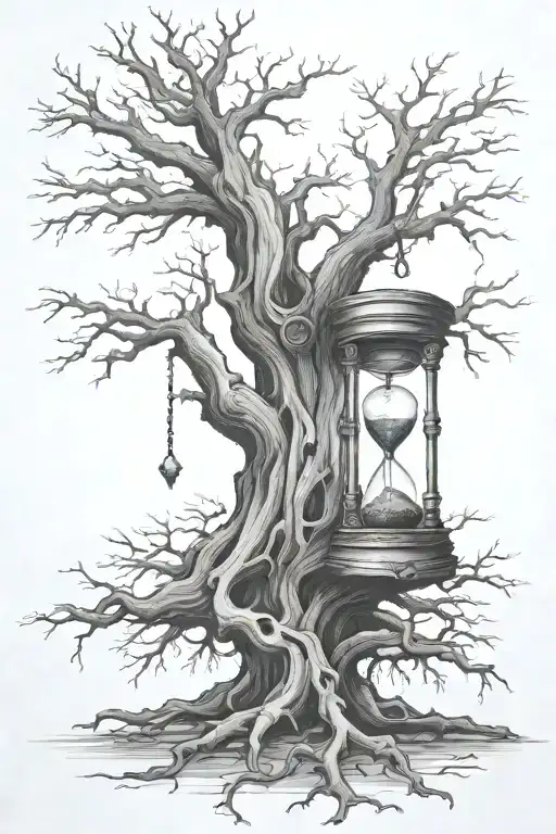 dead oak tree with broken hourglass with roots growning through in the cleltic style tattoo design idea