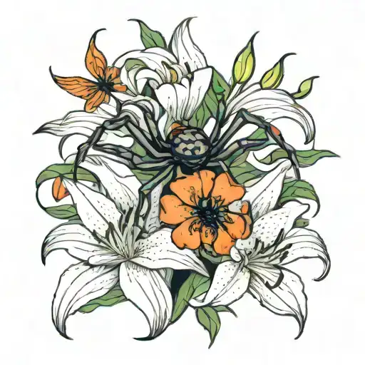 spiders around a white lily plant growing together tattoo design idea