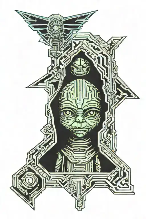 A zipper, from the opening of which Baby Yoda is peeking out. tattoo design idea