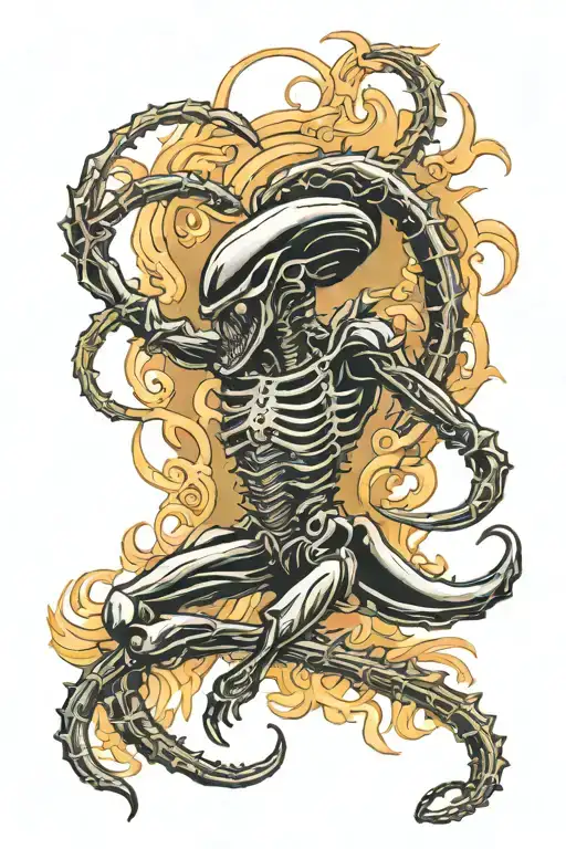 black xenomorph climbs down tattoo design idea