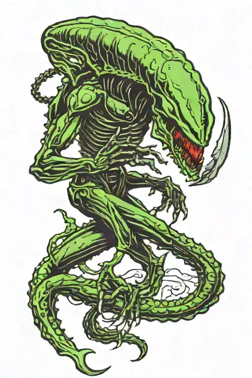 black xenomorph climbs down with green detail tattoo design idea