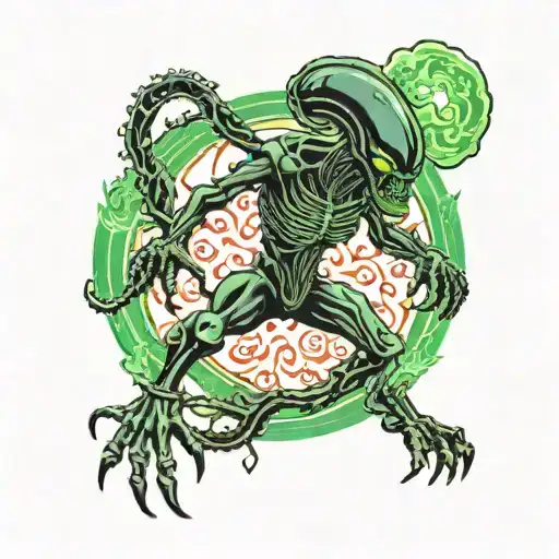 black xenomorph climbing down with green fire in the background tattoo design idea