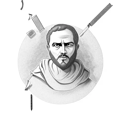 Stoic philosopher surrounded by intricate thieves' tools tattoo design idea