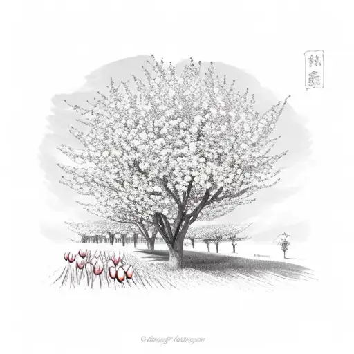sunny spring flowering plum tree orchard with flowering red tulips  tattoo design idea