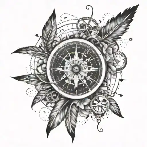 compasses clock feather and wind rose tattoo design idea