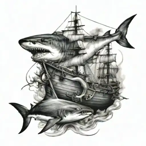 sharks and old ship tattoo design idea