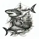 sharks and old ship tattoo design idea