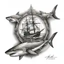sharks and old ship tattoo design idea