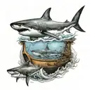 sharks and old ship tattoo design idea