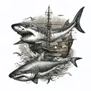 sharks and old ship tattoo design idea
