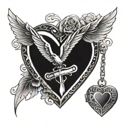 heart locket with long wings tattoo design idea