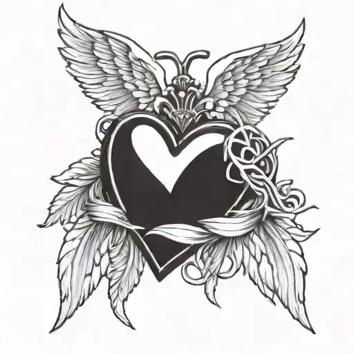 tilted heart locket with long angel wings tattoo design idea