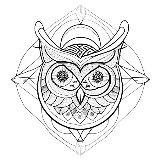 A meditating owl surrounded by nature-inspired geometric patterns tattoo design idea